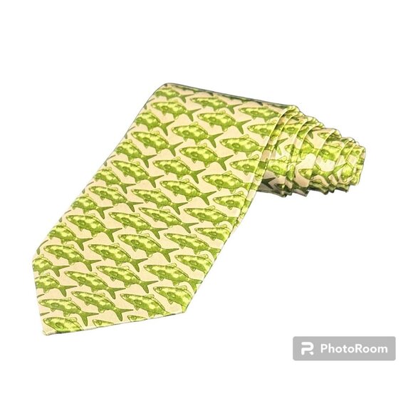 Fishing Fish Necktie Mens Green Gold Fathers Day Dad Pisces Wedding Tie Outdoors - Picture 7 of 11